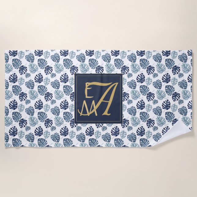 Serviette De Plage Monogramme Tropical Palm Navy Blue Gold Mariage (Devant)