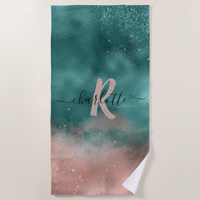 Serviette De Plage Monogramme Turquoise et doux Pink Ombre Foil (Devant)