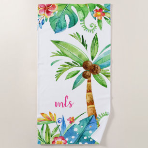 Serviette De Plage Monogramme Turquoise Pink Floral Palmiers