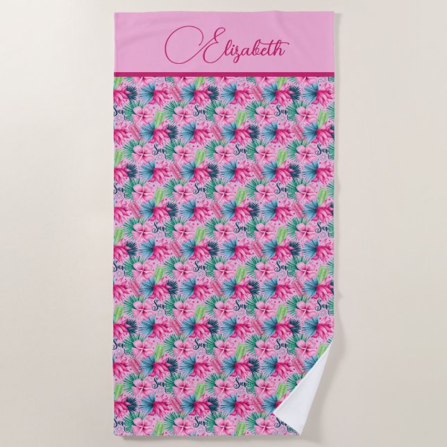 Serviette De Plage Monogramme Vert rose Bleu Fleurs tropicales (Devant)