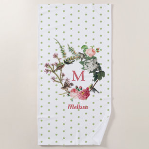 Serviette De Plage Monogramme Vintage Floral et Pois de couronne d'oi