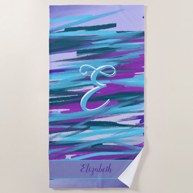 Serviette De Plage Monogramme violet, Aqua, Turquoise & Vert Art Abst (Devant)