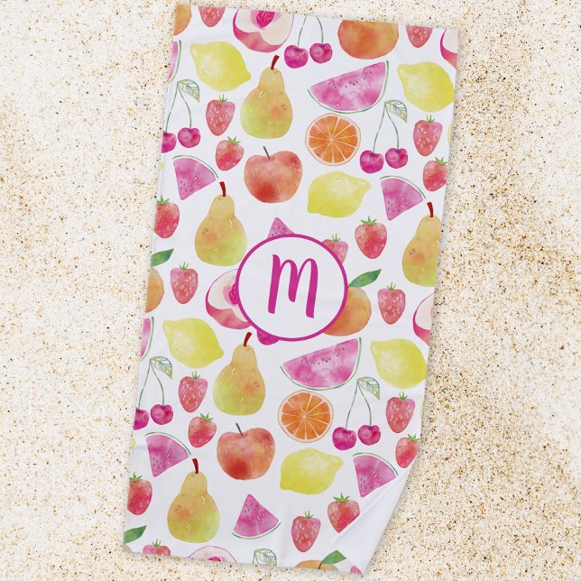 Serviette De Plage Monogramme Watecolore Fruit (Watercolor fruit monogram beach towel)