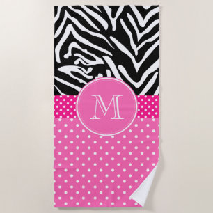 Serviette De Plage Monogramme Zebra avec Motif de point de Polka rose