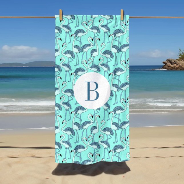Serviette De Plage Monogrammed Blue Tropical Flamingos  (Monogram Blue Tropical Flamingos Beach Towel)