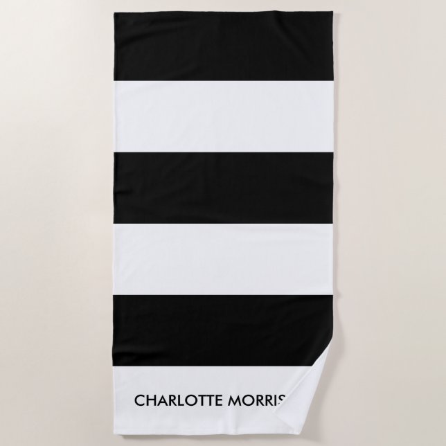 Serviette De Plage Monographie de marque moderne rayures noir et blan (Devant)