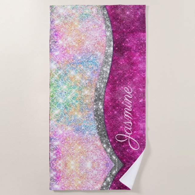 Serviette De Plage Monographie de parties scintillant en argent rose  (Devant)