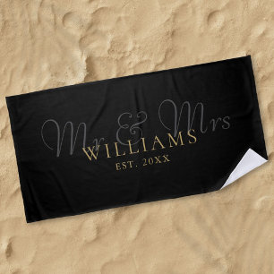 Serviette De Plage Monsieur et Madame Noir et Or Établis