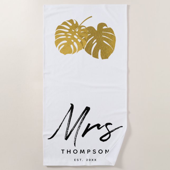 Serviette De Plage Monstera d'or moderne Feuille Tropical Script (Devant)