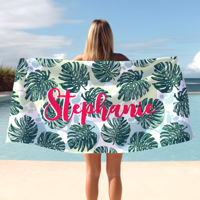 Serviette De Plage Monstera Feuille Tropical Palm Hot rose Nom du scr (Créateur téléchargé)