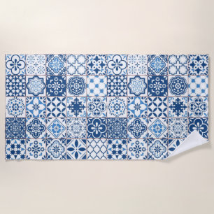 Serviette De Plage Mosaïque d'azulejo bleu indigo ornementée méditerr