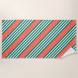 Serviette De Plage Motif à cinq bandes vert et blanc avec corail