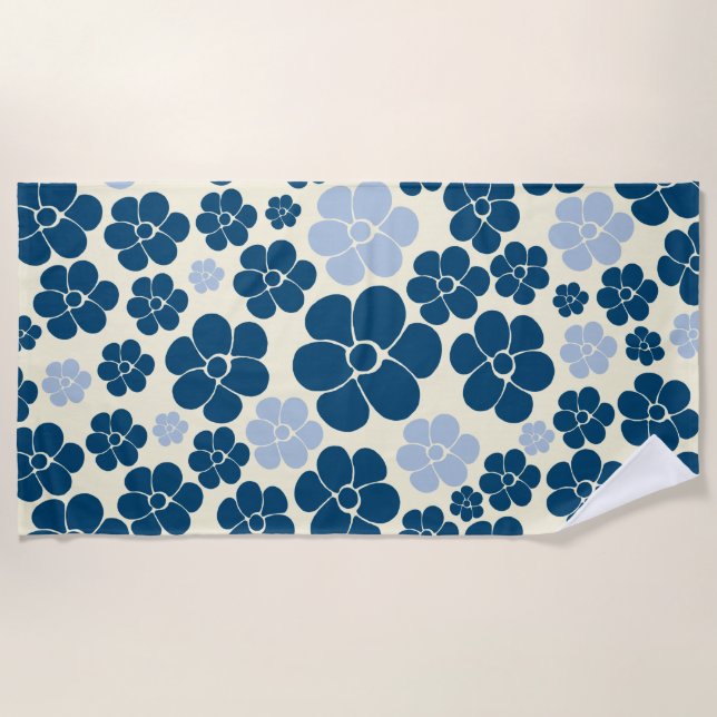 Serviette De Plage Motif à fleurs - Bleu foncé, Bleu clair et Crème (Devant)