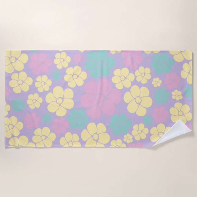 Serviette De Plage Motif à fleurs - rose, jaune, violet et vert (Devant)