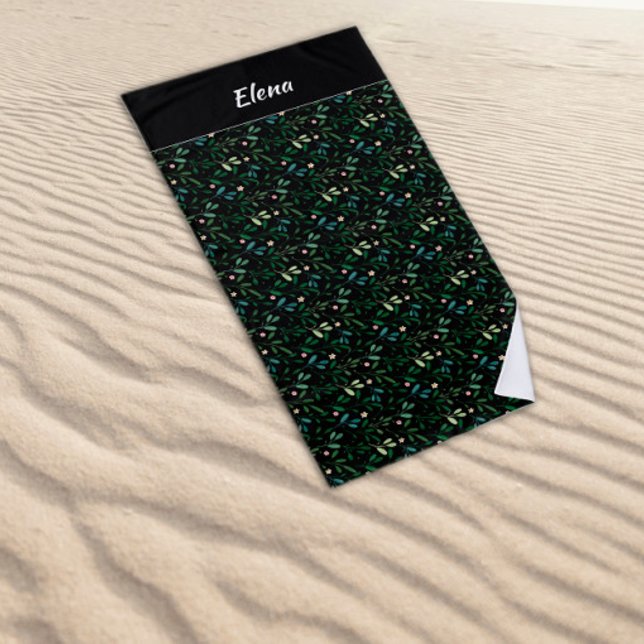 Serviette De Plage Motif aquarelle feuille verte nom noir (Créateur téléchargé)
