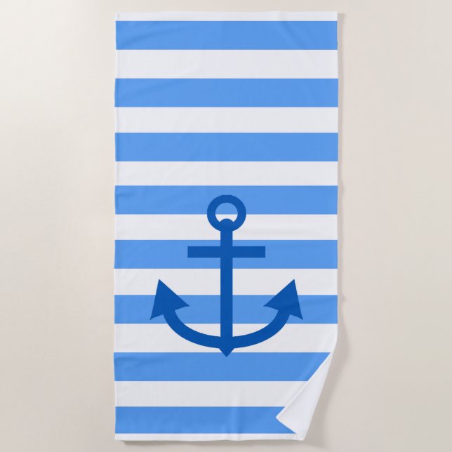 Serviette De Plage Motif Bleu et blanc avec Ancre (Devant)