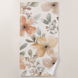 Serviette De Plage Motif botanique aquarelle floral pêche beige