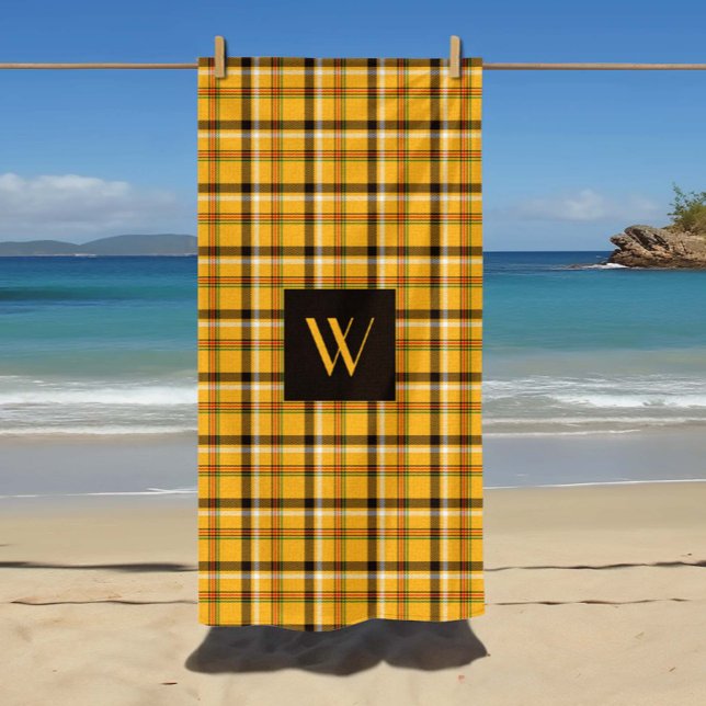 Serviette De Plage Motif carreaux brun beige à monogramme (Monogrammed Brown Beige Checks Plaid Pattern Beach Towel)