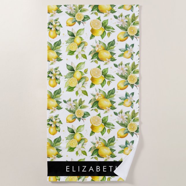 Serviette De Plage Motif citron, Fleurs de citron, Feuilles, Votre No (Devant)