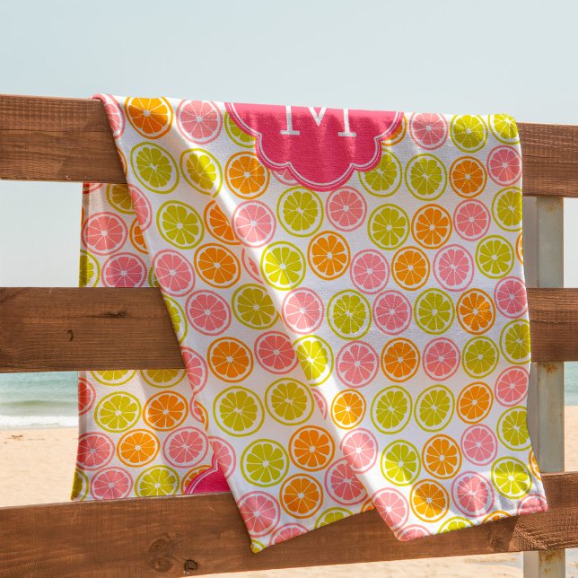 Serviette De Plage Motif Citrus brillant Monogramme (Créateur téléchargé)