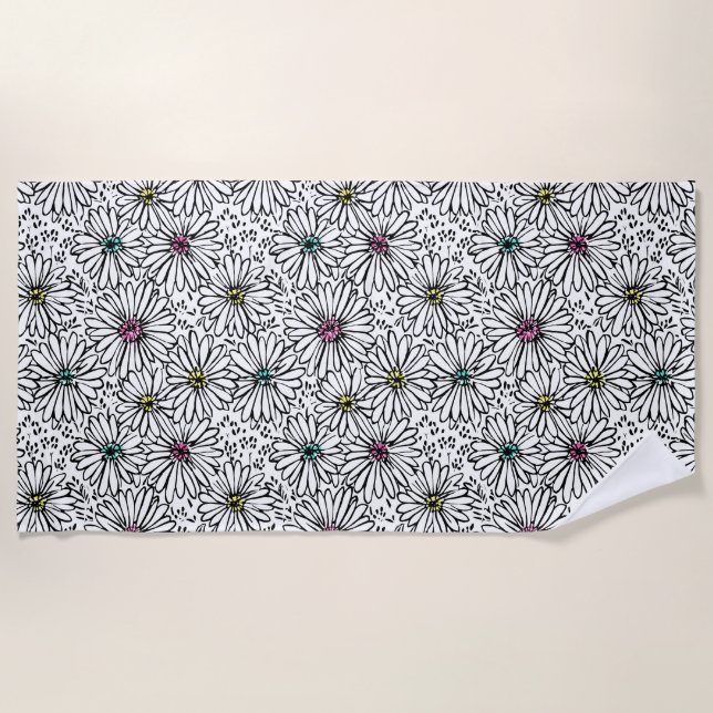 Serviette De Plage Motif coloré noir + blanc marguerites (Devant)