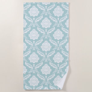Serviette De Plage Motif Damassé Rococo Blanc sur Bleu Canard