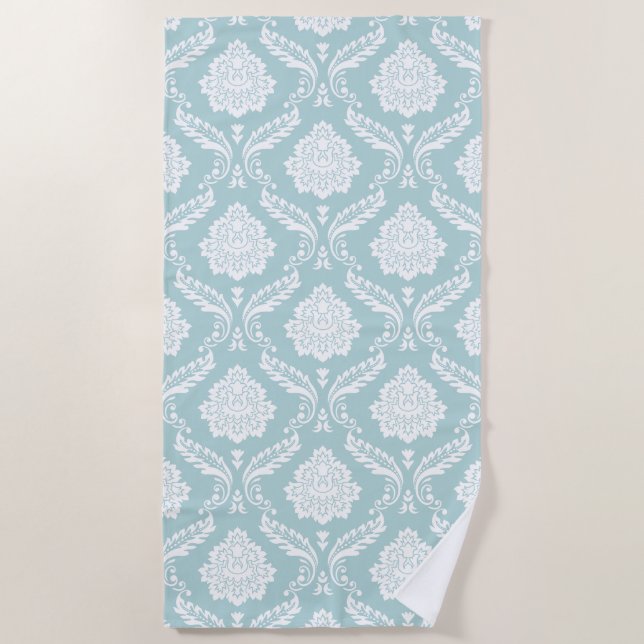 Serviette De Plage Motif Damassé Rococo Blanc sur Bleu Canard (Devant)