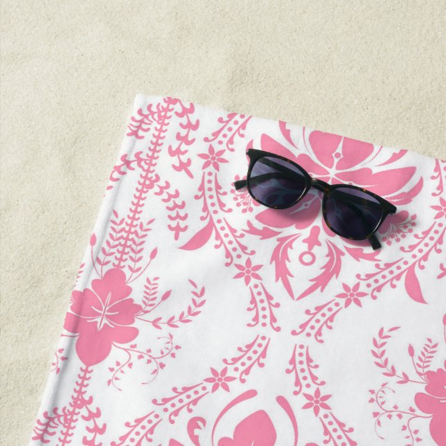 Serviette De Plage motif damassé rose blanc (En situation)