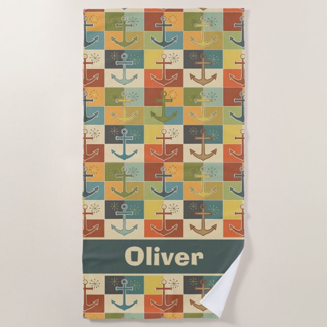 Serviette De Plage Motif d'ancre moderne rétro nautical  (Devant)