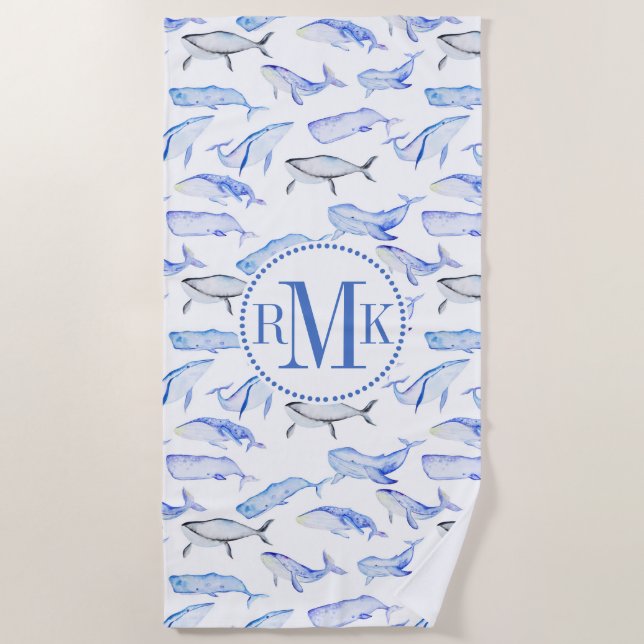 Serviette De Plage Motif de baleine bleue d'aquarelle (Devant)