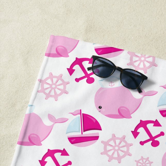 Serviette De Plage Motif De Baleines, Beaux Baleines, Baleines Roses (En situation)