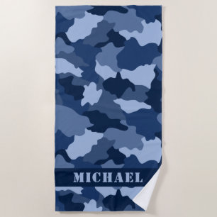 Serviette De Plage Motif de camouflage bleu clair Nom bleu