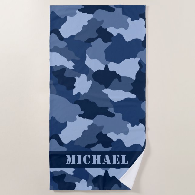 Serviette De Plage Motif de camouflage bleu clair Nom bleu (Devant)