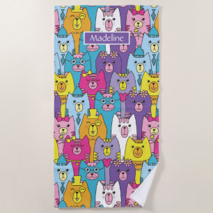 Serviette De Plage Motif de chats caricaturés aux couleurs pures