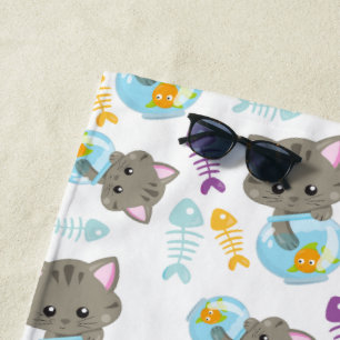 Serviette De Plage Motif De Chats, Chats Mignons, Chatons, Poisson