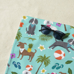Serviette De Plage Motif de Chien Tropical  Monogramme  Aqua