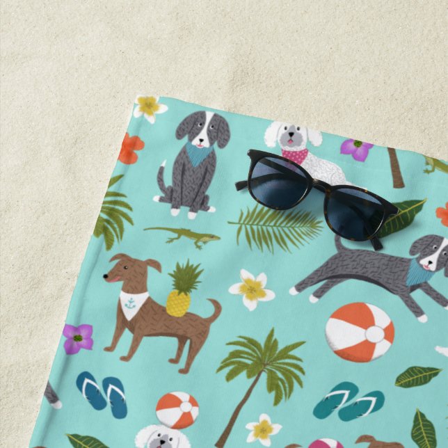 Serviette De Plage Motif de Chien Tropical| Monogramme| Aqua (En situation)