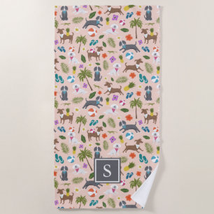 Serviette De Plage Motif de Chien Tropical  Monogramme  Poche
