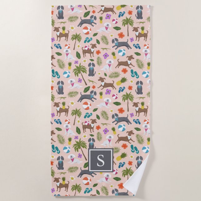 Serviette De Plage Motif de Chien Tropical| Monogramme| Poche (Devant)