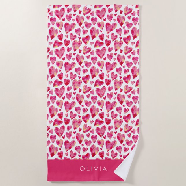Serviette De Plage Motif de coeur rose coloré Personnalisé (Devant)