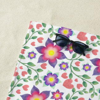 Serviette De Plage Motif de cœurs floraux à l'aquarelle | Rose romant