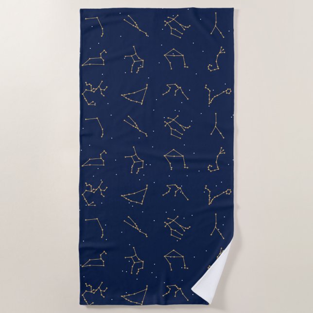 Serviette De Plage Motif de constellations de Zodiac bleu or et marin (Devant)