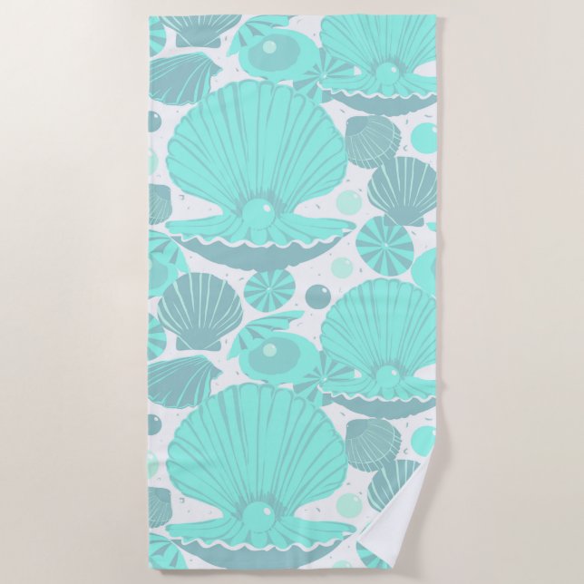 Serviette De Plage Motif de coquillages, Aqua Blue et Turquoise (Devant)
