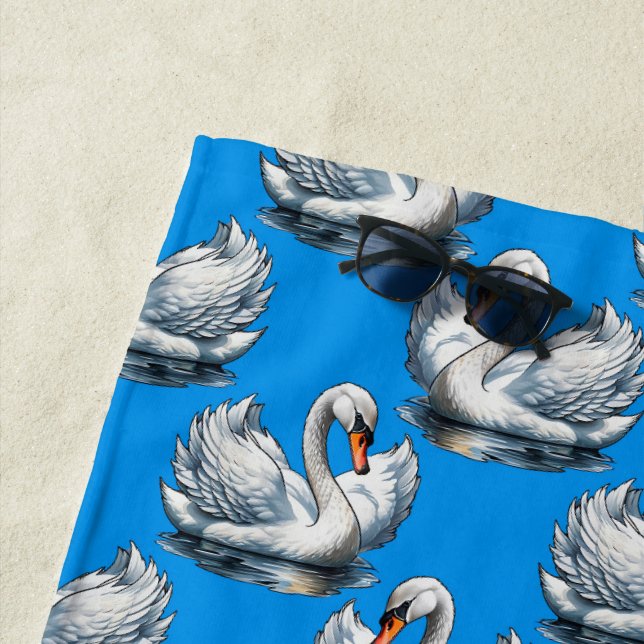 Serviette De Plage Motif de cygnes sur fond bleu  (En situation)
