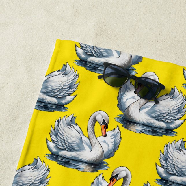 Serviette De Plage Motif de cygnes sur fond jaune (En situation)