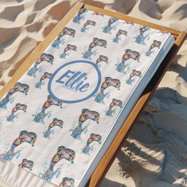 Serviette De Plage Motif de dauphins de crayon couleur monogramme (Créateur téléchargé)