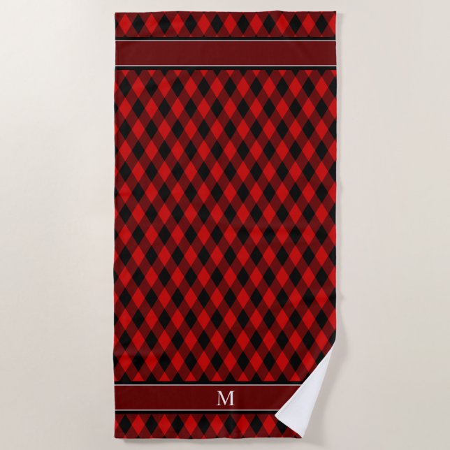 Serviette De Plage Motif de diamant noir élégant et monogramme (Devant)