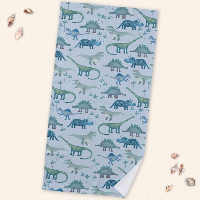 Serviette De Plage Motif de dinosaure bleu préhistorique mignon (Fun prehistoric dinosaur pattern beach towel for paleontologists of all ages)