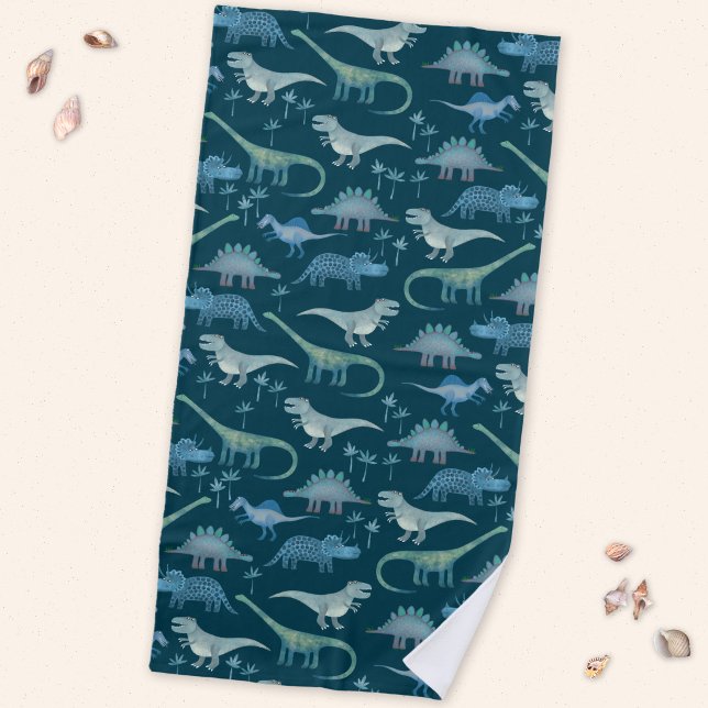 Serviette De Plage Motif de dinosaure mignon vert foncé (Fun prehistoric dinosaur pattern beach towel for paleontologists of all ages)