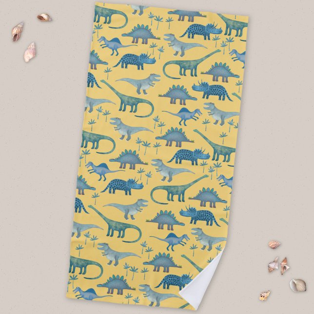 Serviette De Plage Motif de dinosaure préhistorique mignon jaune (Fun prehistoric dinosaur pattern beach towel for paleontologists of all ages)